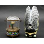 An animated vintage angel fish aquarium clock with moving fish, brass base with cloisonne enamel and