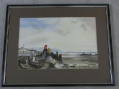 A framed and glazed watercolour in the 19th century style, fisher folk by the shore with their