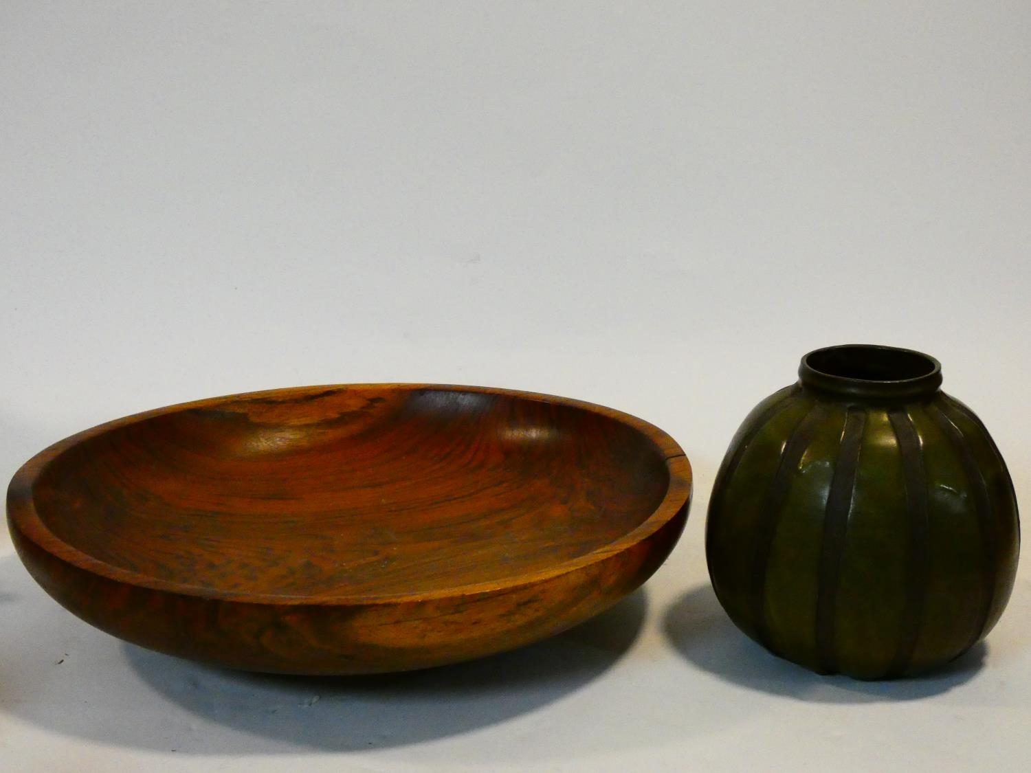 A large wooden serving bowl along with a West German ceramic striped gourd vase with panels of green