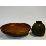 A large wooden serving bowl along with a West German ceramic striped gourd vase with panels of green