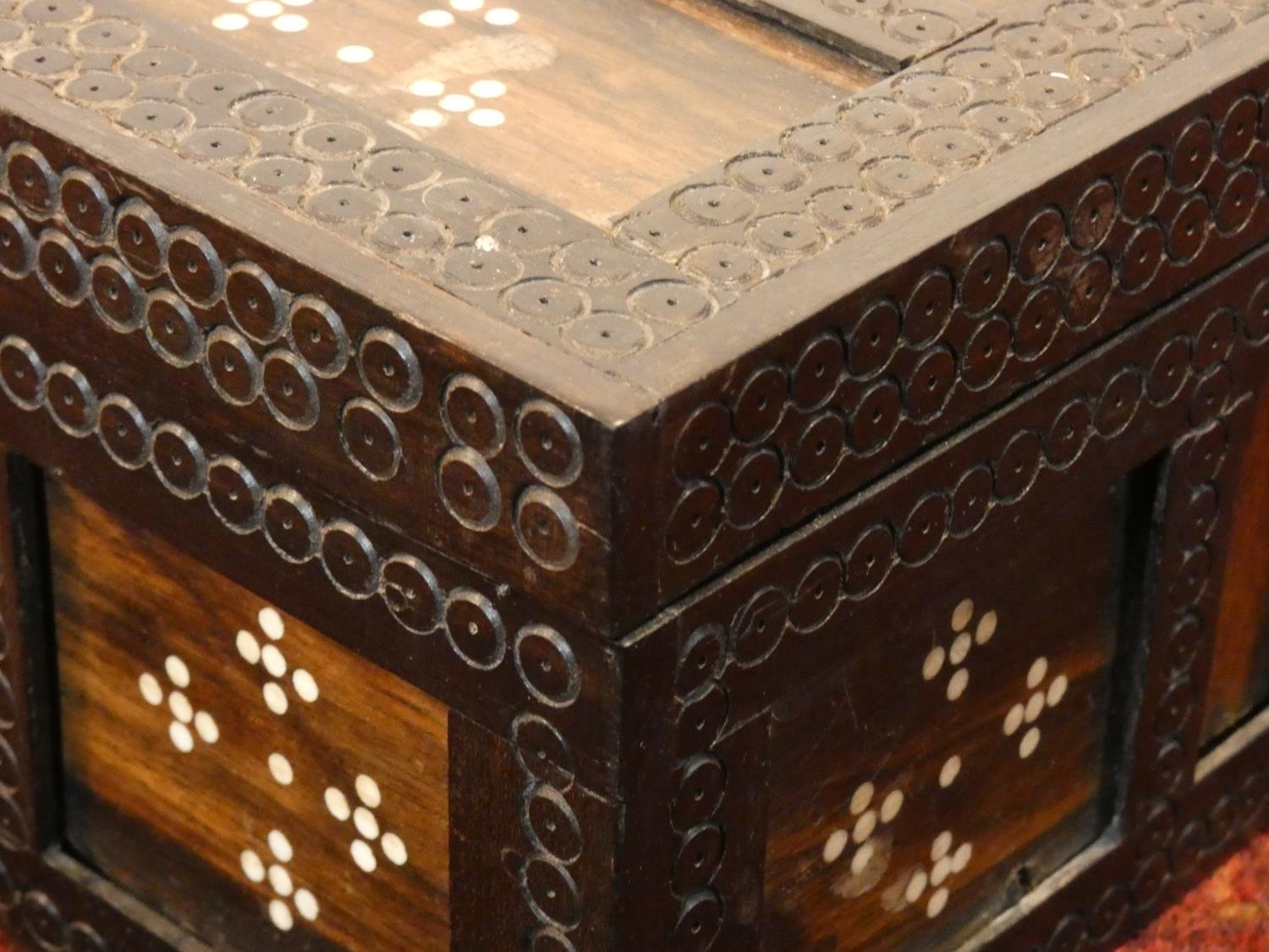 A brass bound coromandel and ivory inlaid box, a bone and horn inlaid box and a dice box. H.10 W. - Image 6 of 6