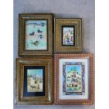Four various Persian miniature paintings in khatam marquetry frames, one on ivory, polo games and