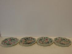 A set of four Chinese plates with all over hand painted peony decoration with makers mark to the