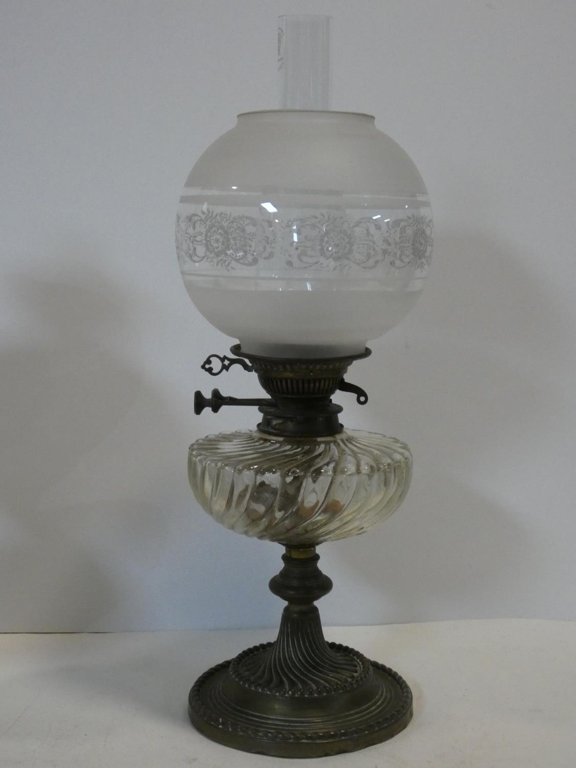 A 19th century oil lamp with etched shade and glass reservoir, Messenger No. 2 Duplex Patent and a - Image 2 of 13