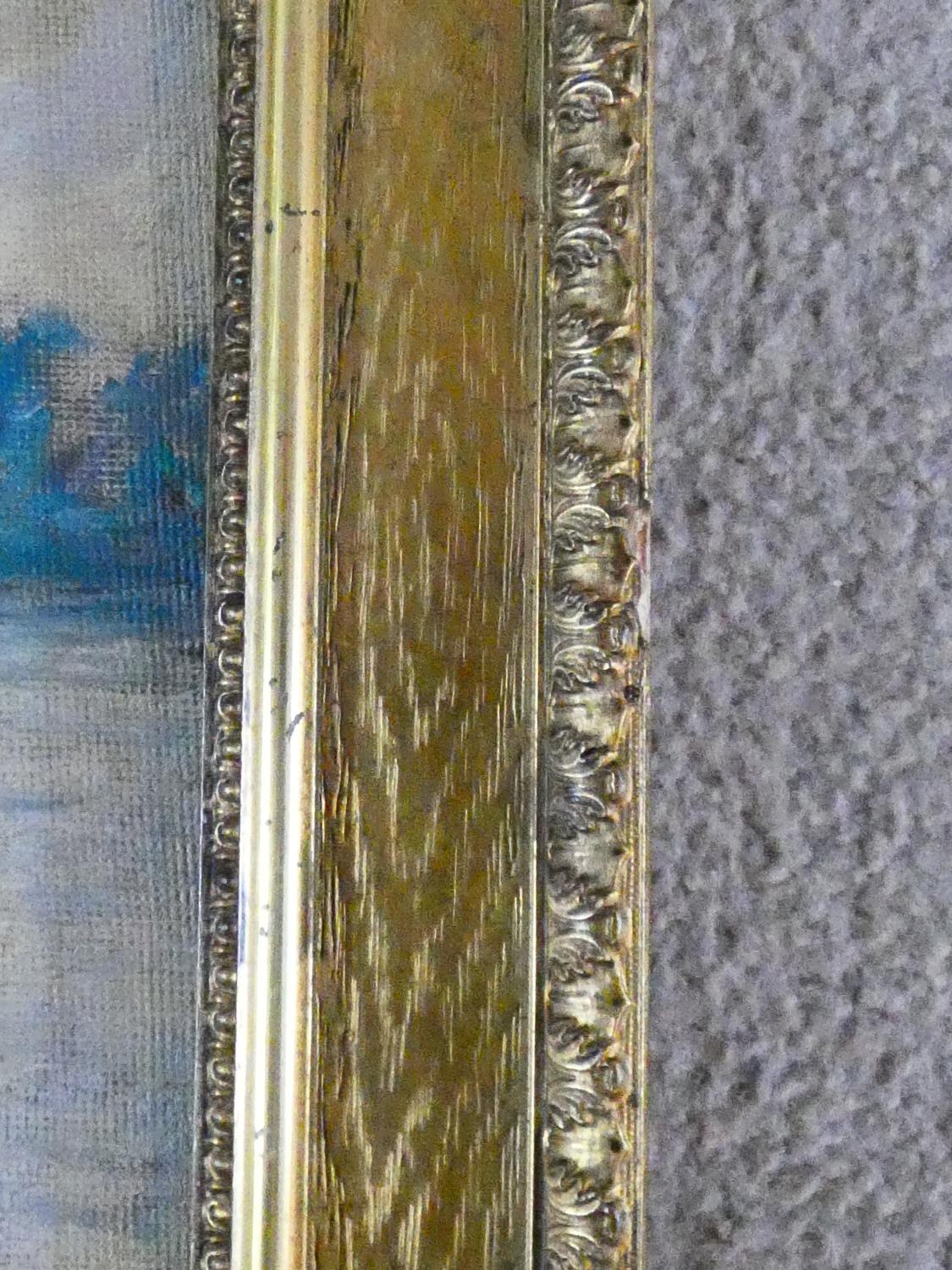 A gilt framed oil on card, A Chiswick Houseboat, indistinctly signed, label to the reverse. H.46xW. - Image 5 of 8