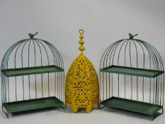 A pair of open metalwork wall shelves and an Eastern style pierced metal hanging lantern. H.57 W.