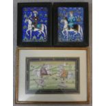 A pair of antique Qajar Persian hand painted and polychrome glazed ceramic tiles and a framed Indo