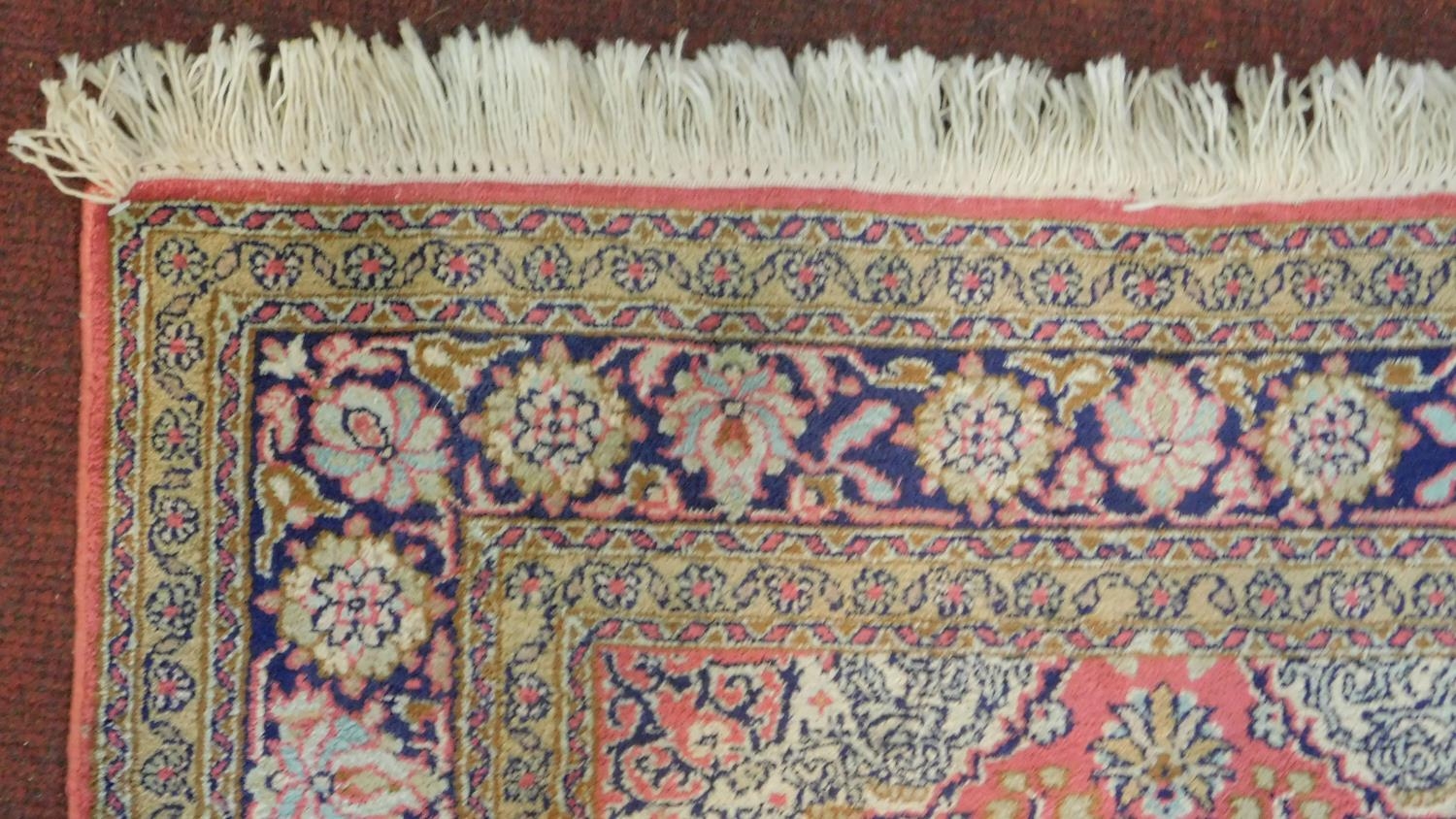 A Persian part silk runner with repeating triple medallions and scrolling floral decoration on a - Image 3 of 5