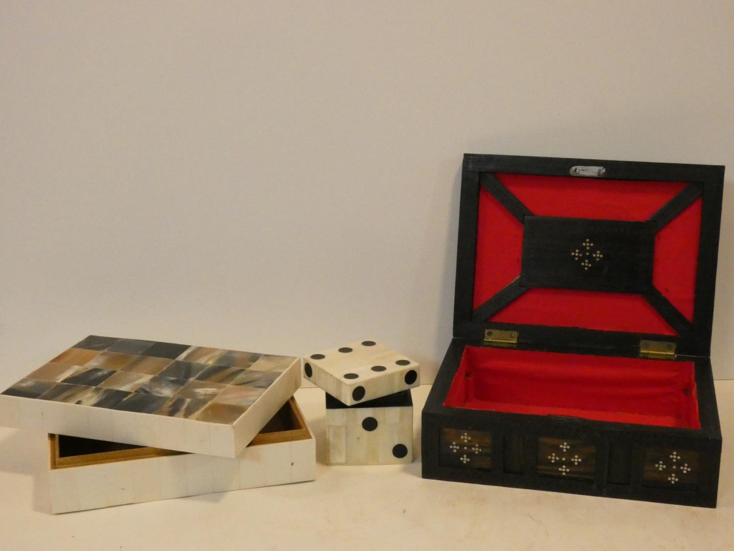 A brass bound coromandel and ivory inlaid box, a bone and horn inlaid box and a dice box. H.10 W. - Image 2 of 6