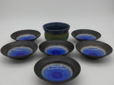 A Studio Pottery bowl signed and dated Mack and a set of six Studio Pottery dishes. H.9 W.15 D.