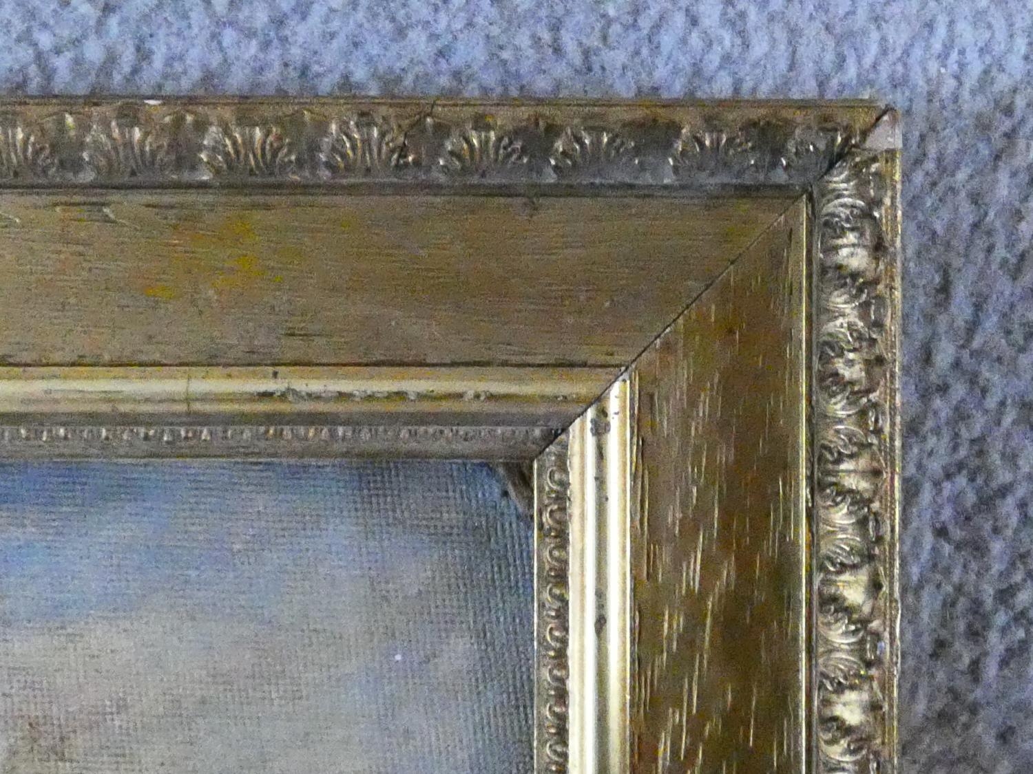 A gilt framed oil on card, A Chiswick Houseboat, indistinctly signed, label to the reverse. H.46xW. - Image 6 of 8