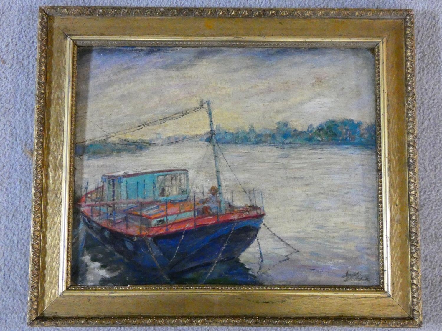 A gilt framed oil on card, A Chiswick Houseboat, indistinctly signed, label to the reverse. H.46xW. - Image 2 of 8