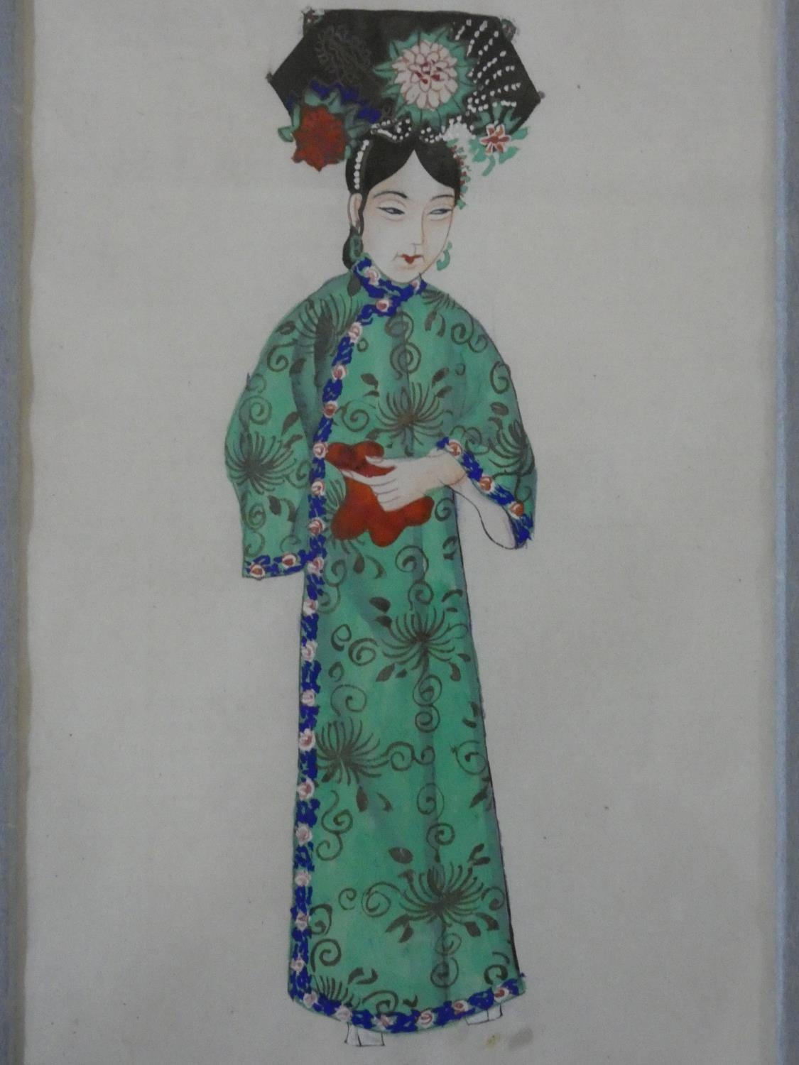 A pair of 20th century rice paper watercolours, man and woman in typical Chinese garments, unsigned. - Image 2 of 5