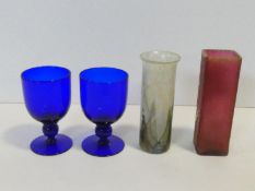 A pair of hand blown Bristol blue glass goblets, a lustre Isle of Wight Art Glass vase and Daum