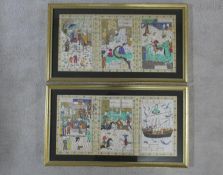 Two framed and glazed Indo-Persian silk paintings depicting various scenes including a game of polo,