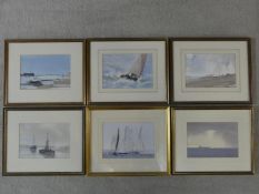 A set of six framed and glazed watercolours, ships at sea, signed and dated Allan Thomson. H.32xW.