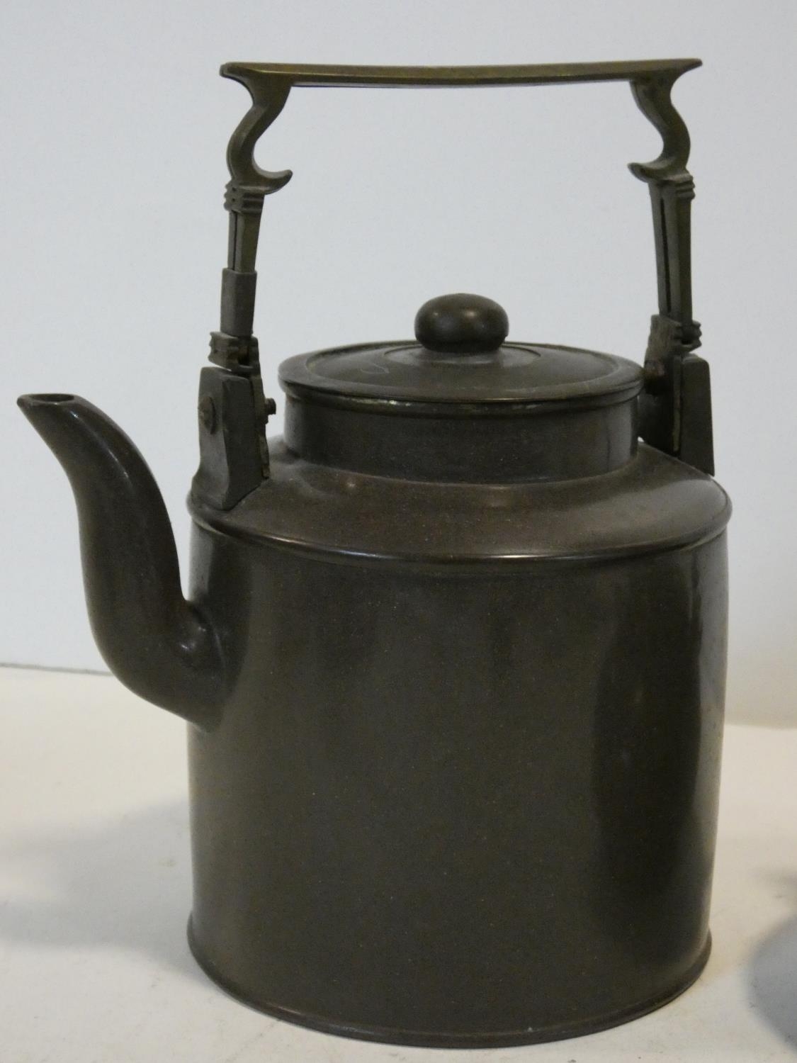 Two Chinese Yixing Pottery teapots with cast brass handles and finials and banding around the edges, - Image 2 of 11