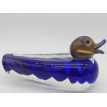 A vintage Murano glass duck paperweight, etched Gambaro and Poggi and with original label. H.13 W.11