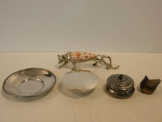 A silver plated Dansk chicken paperweight, a silver plated tea light holder, a silver plated trinket
