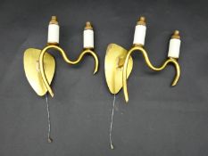 A pair of modernist style gilt metal twin branch wall lights H.24xW.22cm