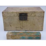 A Chinese lacquered travelling trunk with twin iron carrying handles and a Chinese box with