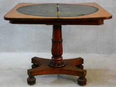 A William IV figured mahogany card table with swivel foldover top with inset leather playing surface
