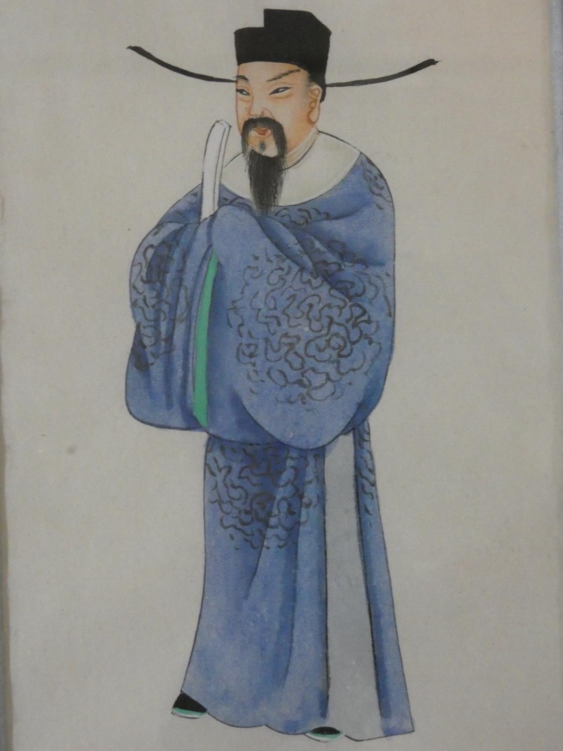 A pair of 20th century rice paper watercolours, man and woman in typical Chinese garments, unsigned. - Image 3 of 5