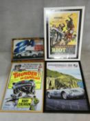 A collection of four framed vintage style film and car advertising posters. 78x108cm (largest)