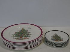 A set of seven Copeland Spode dinner plates with a Christmas Tree pattern and seven matching side