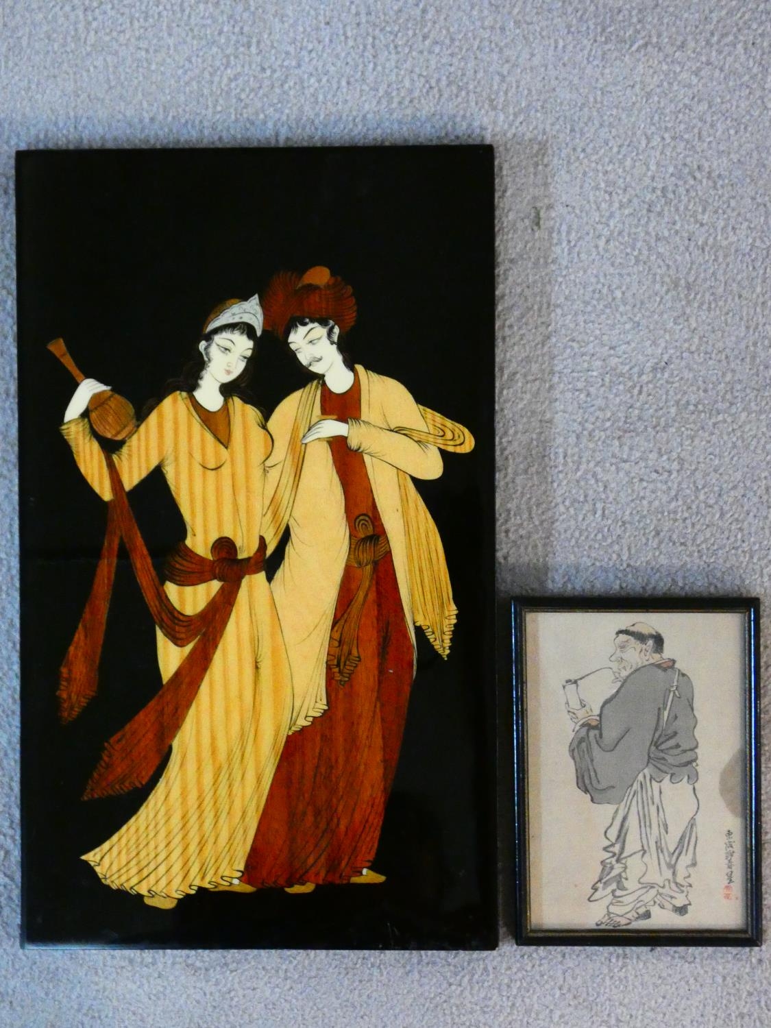 A Indian wooden and bone inlaid picture of a young couple in traditional dress along with a framed