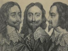 After Van Dyck, King Charles in Three Positions, a 19th century framed engraving 27x19cm