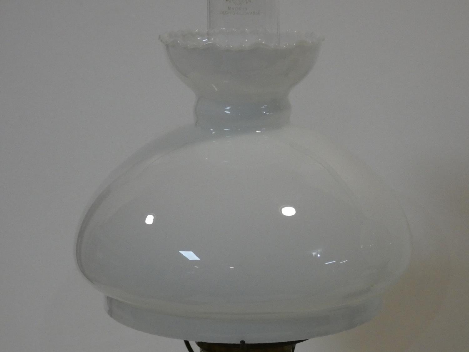 A 19th century oil lamp with etched shade and glass reservoir, Messenger No. 2 Duplex Patent and a - Image 10 of 13
