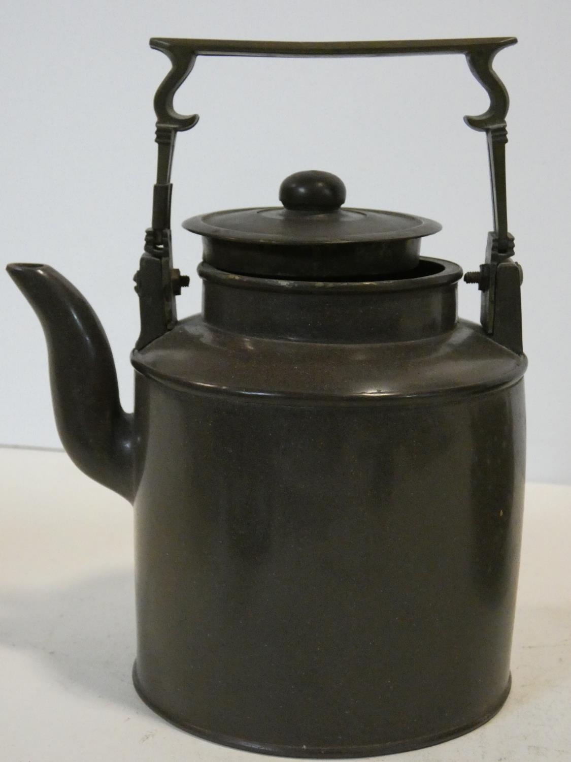 Two Chinese Yixing Pottery teapots with cast brass handles and finials and banding around the edges, - Image 3 of 11