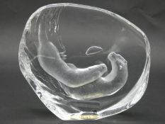 A boxed lead crystal desk sculpture decorated with otters by Mats Jonasson. H.19xW.21cm