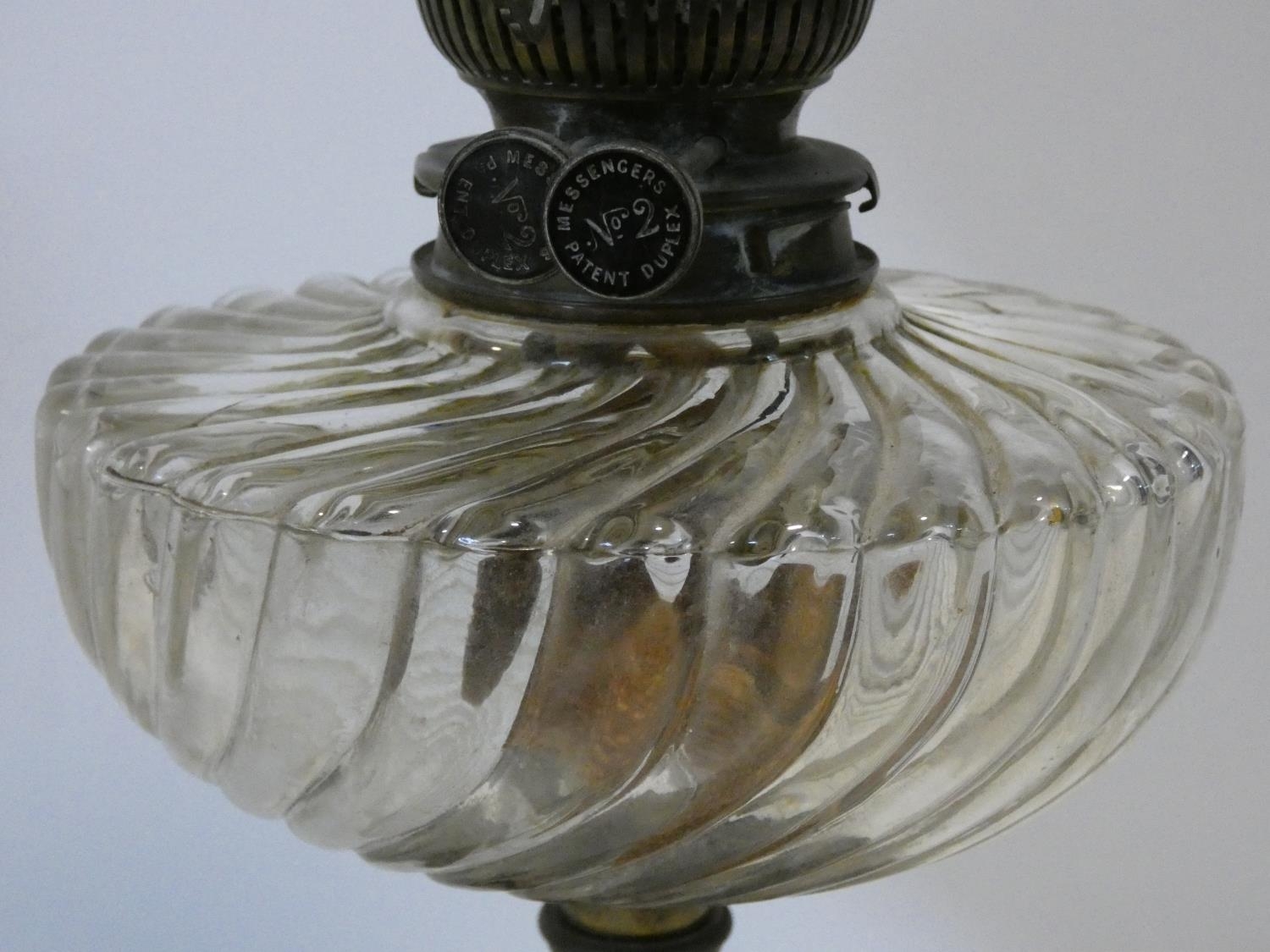 A 19th century oil lamp with etched shade and glass reservoir, Messenger No. 2 Duplex Patent and a - Image 5 of 13