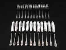 A set of twelve antique silver plated A1 fish knives and forks by Barnett H. Abrahams. L.20cm