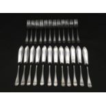 A set of twelve antique silver plated A1 fish knives and forks by Barnett H. Abrahams. L.20cm