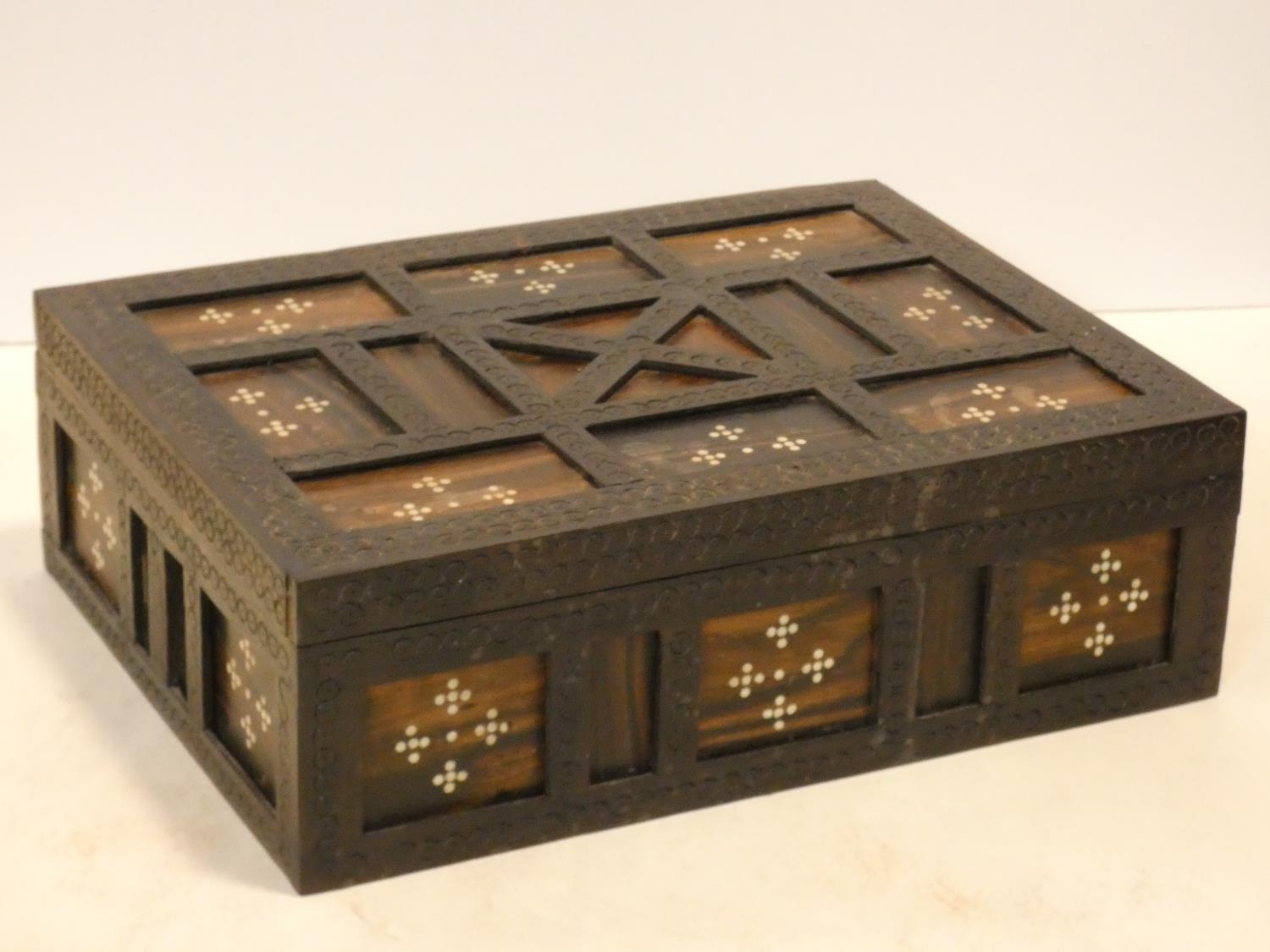 A brass bound coromandel and ivory inlaid box, a bone and horn inlaid box and a dice box. H.10 W. - Image 4 of 6