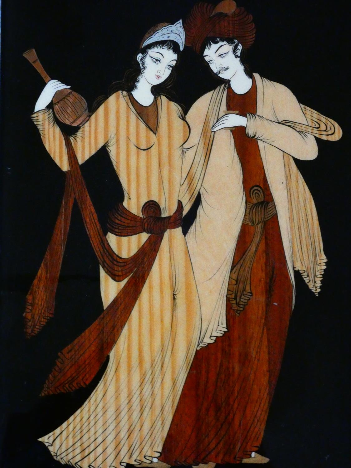 A Indian wooden and bone inlaid picture of a young couple in traditional dress along with a framed - Image 4 of 4