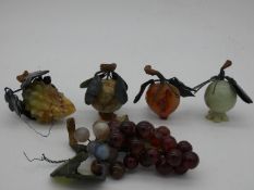 Five marble and agate studies of various types of fruit. H.20cm (tallest)