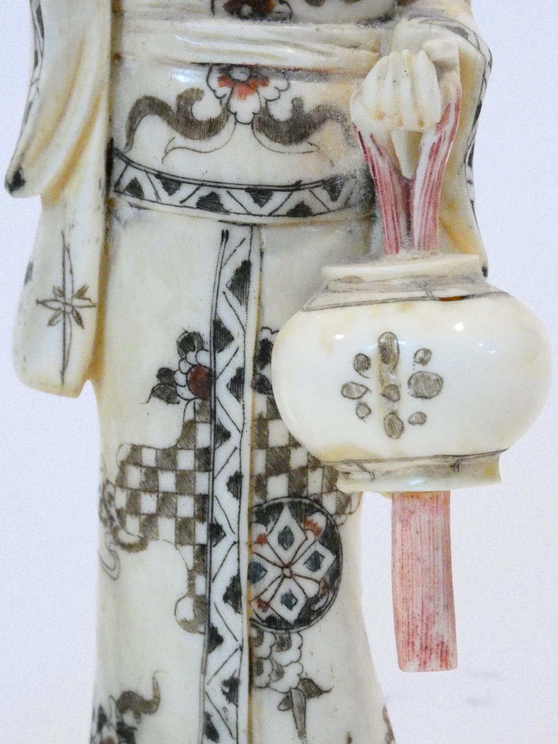Two C.1900 Japanese carved bone geisha figures, engraved and painted, one carrying a lantern. H.20cm - Image 3 of 9