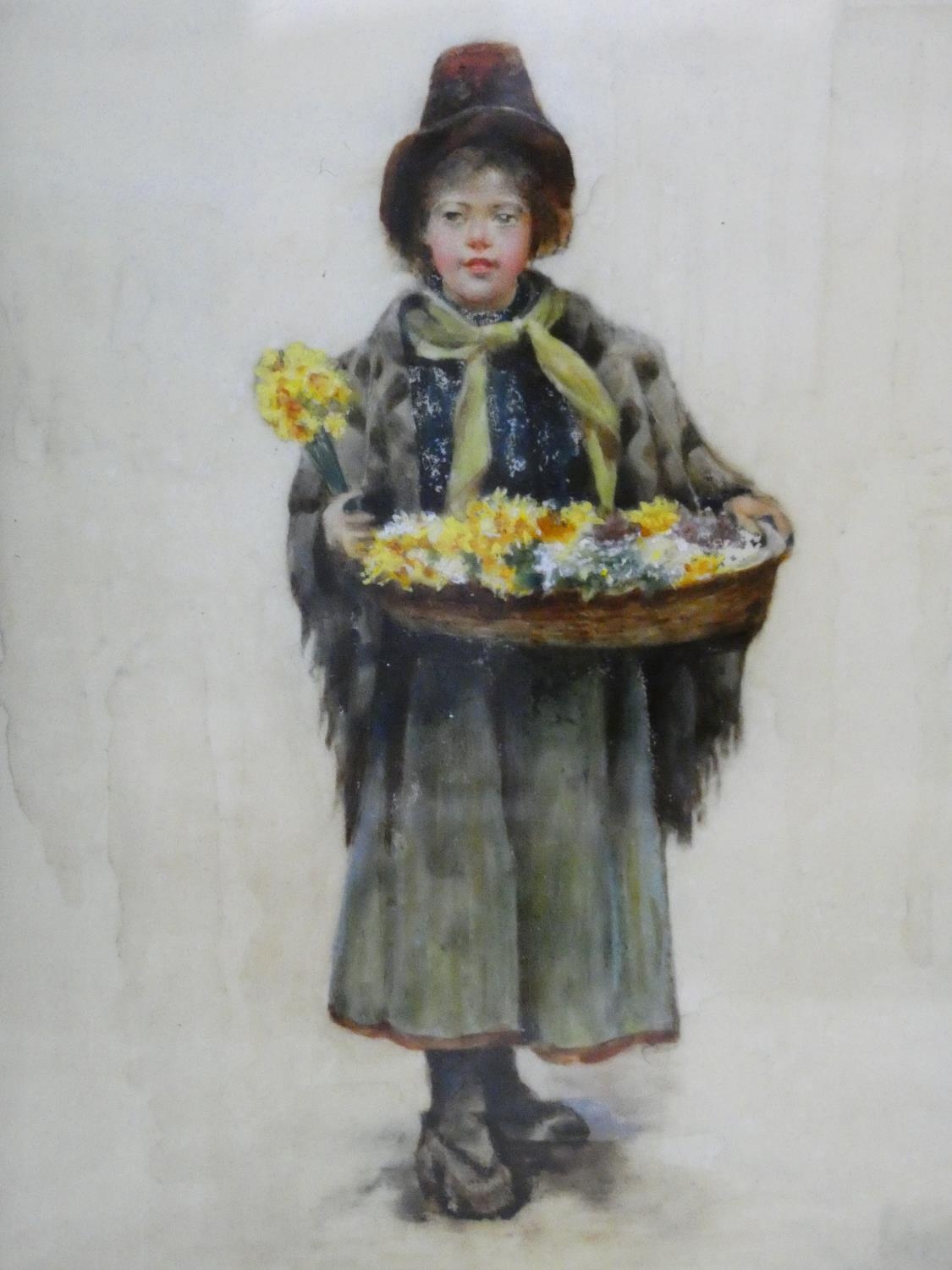 A gouache on parchment in antique beaten metal easel frame, Dutch daffodil seller. in21x15cm - Image 2 of 5