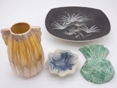 A mid century vintage Thanet Pottery bowl with bamboo decoration, a Sylvac drip glazed bulbous vase,