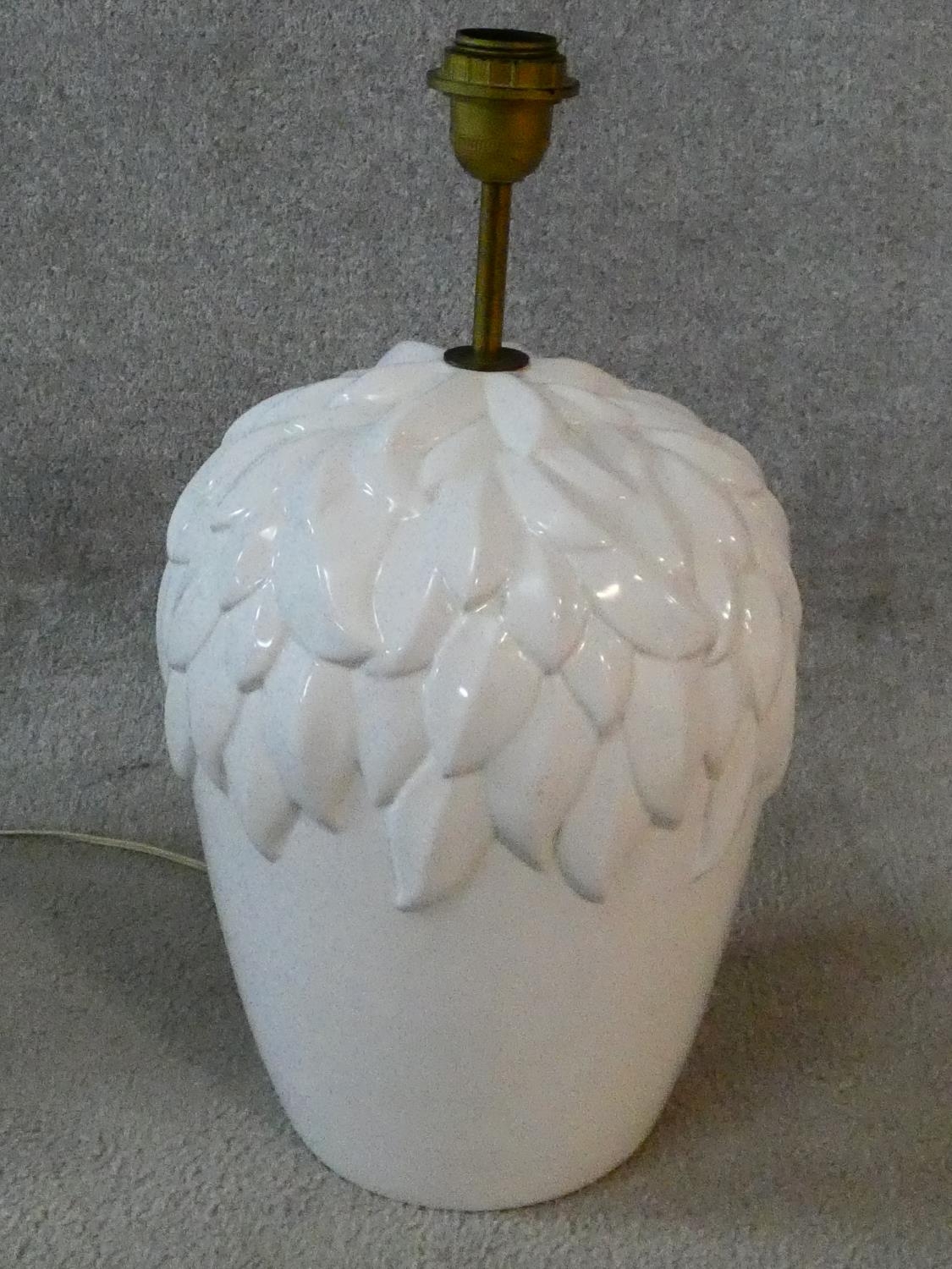 A pair of glazed table lamps of bulbous form with leaf decoration. H.50xD.26cm - Image 2 of 6