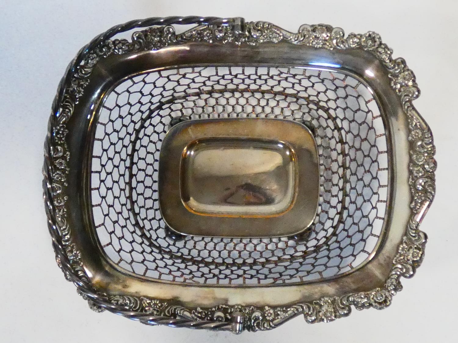 A 19th century silver plated pierced swing handled bread basket along with a silver plated dish - Image 3 of 6