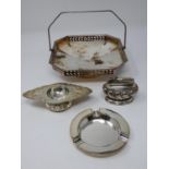 A collection of silver plate and white metal items. Including a Walker and Hall swing handled