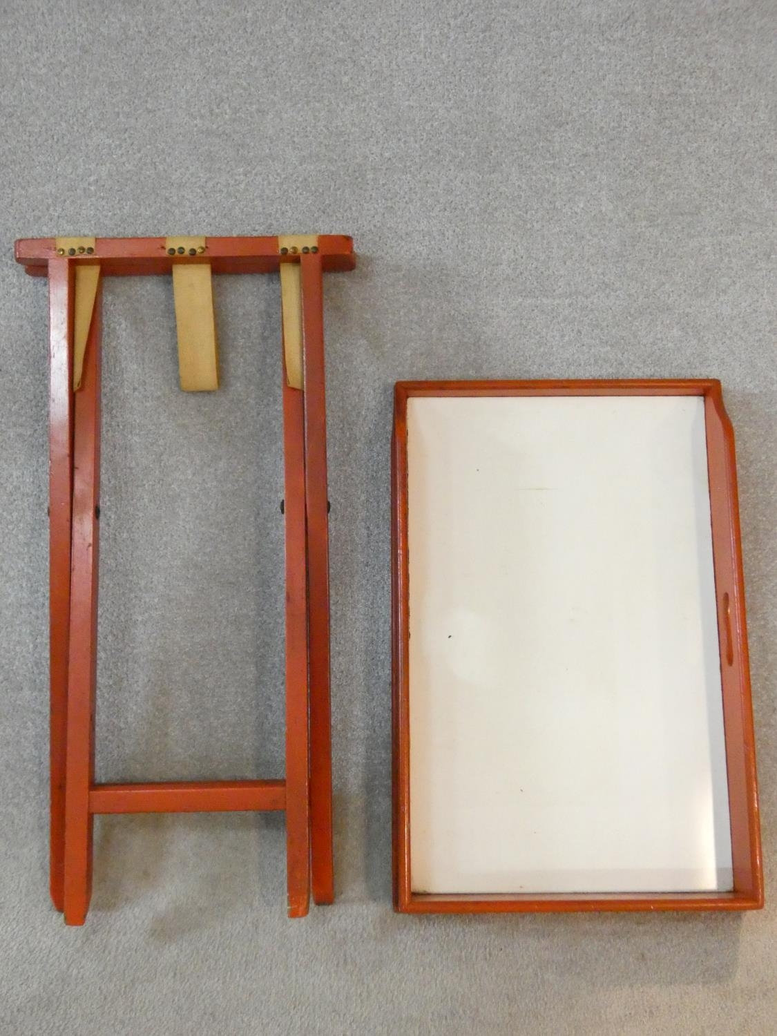 A red painted 19th century butler's tray on a folding stand, a lacquered twin handled tray and a - Image 5 of 8