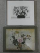 A framed and glazed limited edition etching, flowers in a basket, indistinctly signed and a Japanese