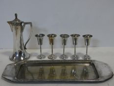 A Silver plated Czech design claret jug, wine glasses and matching tray by Frantisek Bibus. All