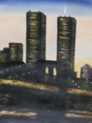 Two unframed oils on canvas, The Brooklyn Bridge with the Twin Towers and a surrealist spacescape.